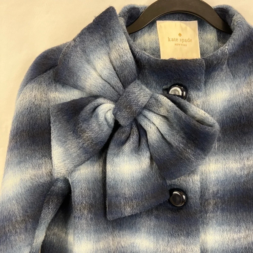 Kate Spade‎ Dorothy Blue Check/Plaid Wool Blend Coat With Bow Accent